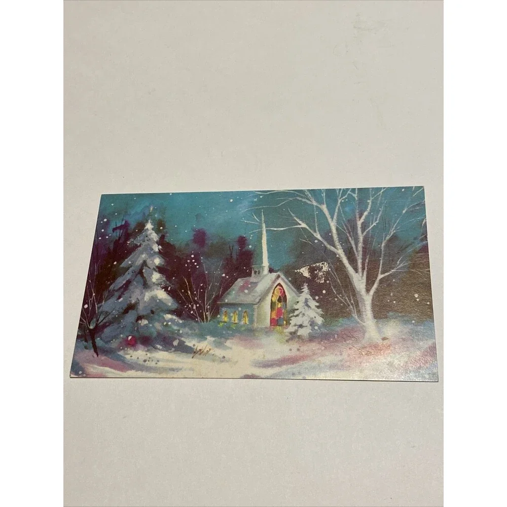 Vintage Mid Century Christmas Greeting Card CHURCH SCENE AT NIGHT Snow Holiday